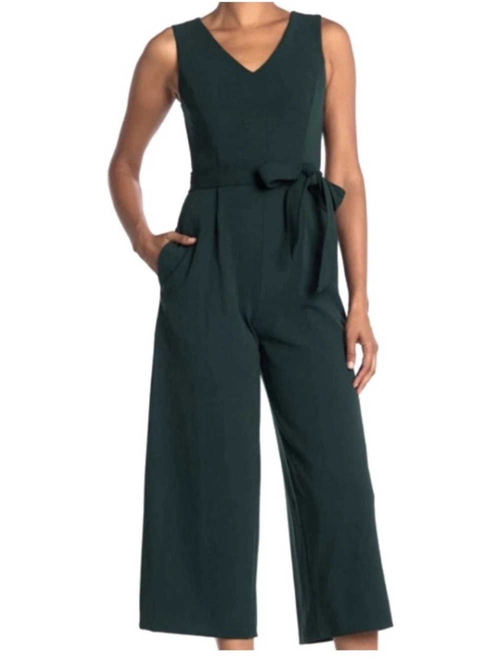 Calvin Klein Dark Green V-Neck Sleeveless Belted Wide-Leg Jumpsuit